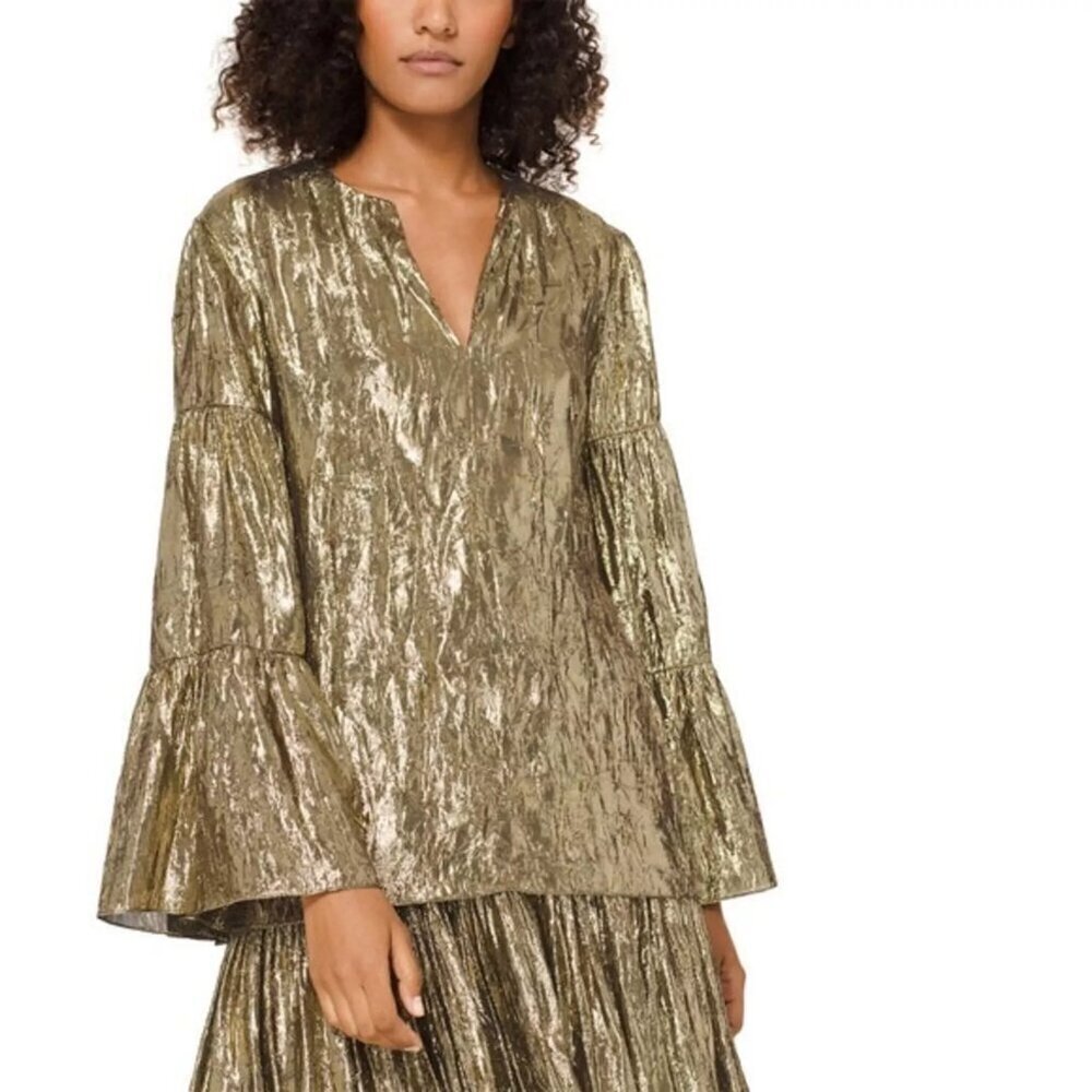 Michael Kors Collection Bell-Sleeve V-Neck Crushed-Lame Peasant Blouse, …